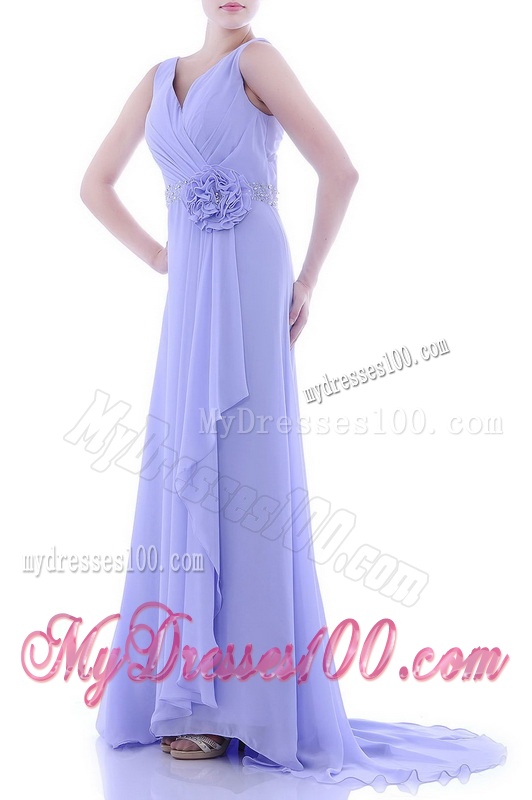 Brush Train Lavender Evening Dress with Beading and Hand Crafted Flower