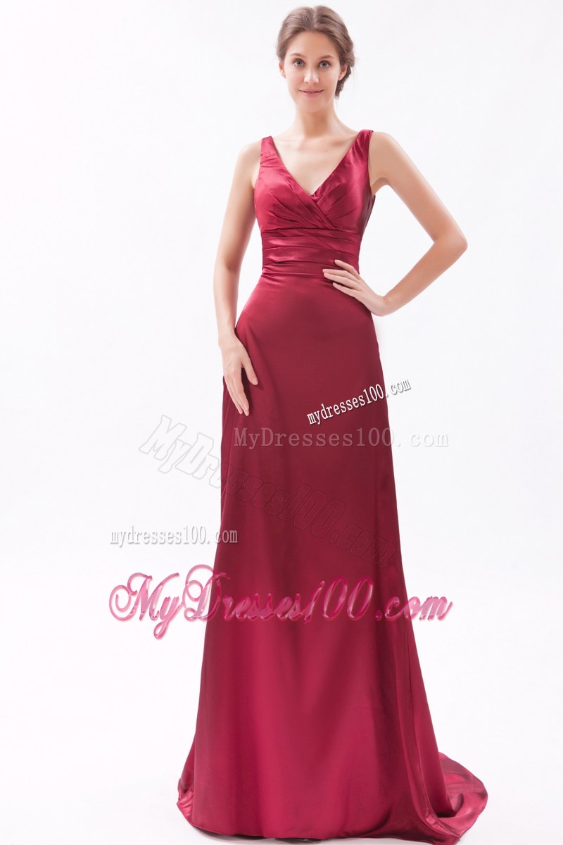 V-neck and V-back Accent Brush Train Prom Dress with Ruches in Wine Red