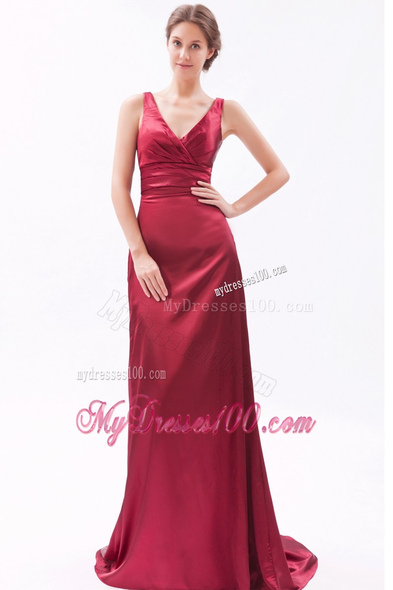 V-neck and V-back Accent Brush Train Prom Dress with Ruches in Wine Red