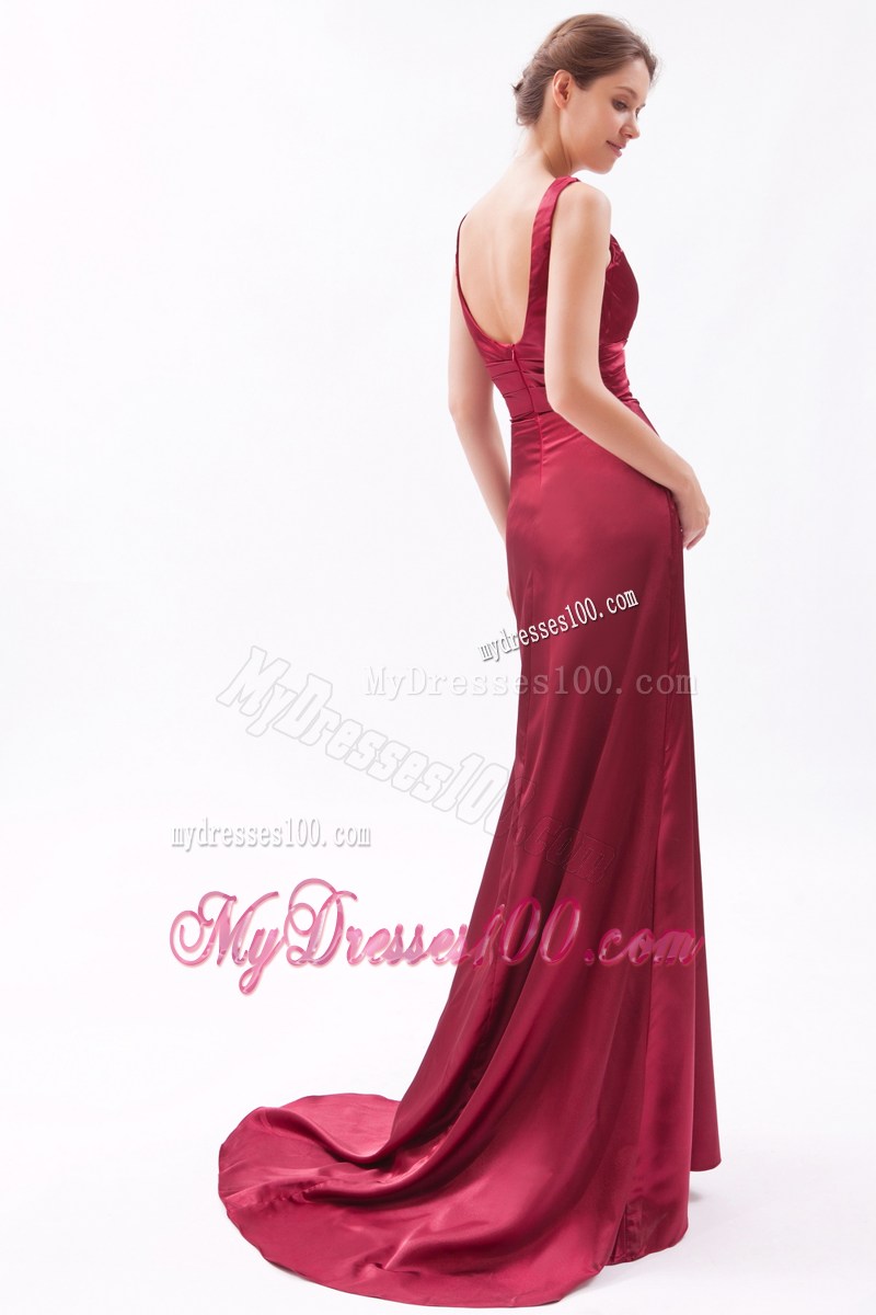 V-neck and V-back Accent Brush Train Prom Dress with Ruches in Wine Red