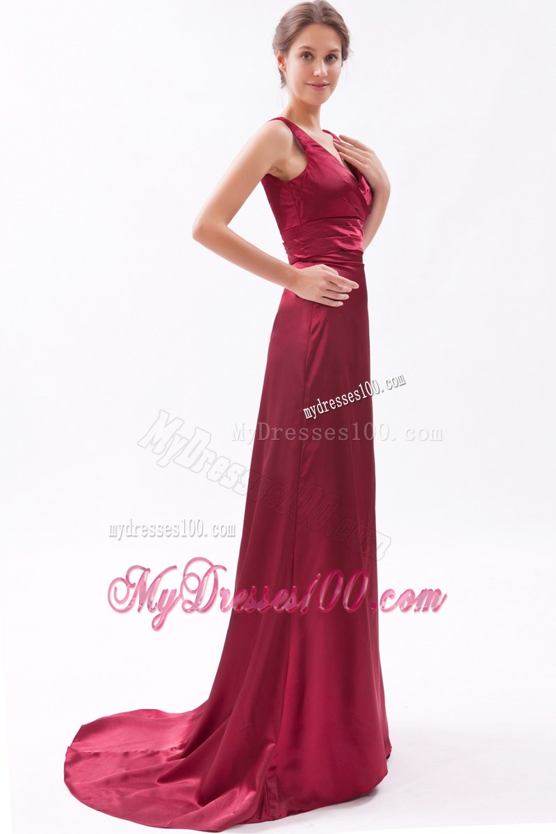 V-neck and V-back Accent Brush Train Prom Dress with Ruches in Wine Red