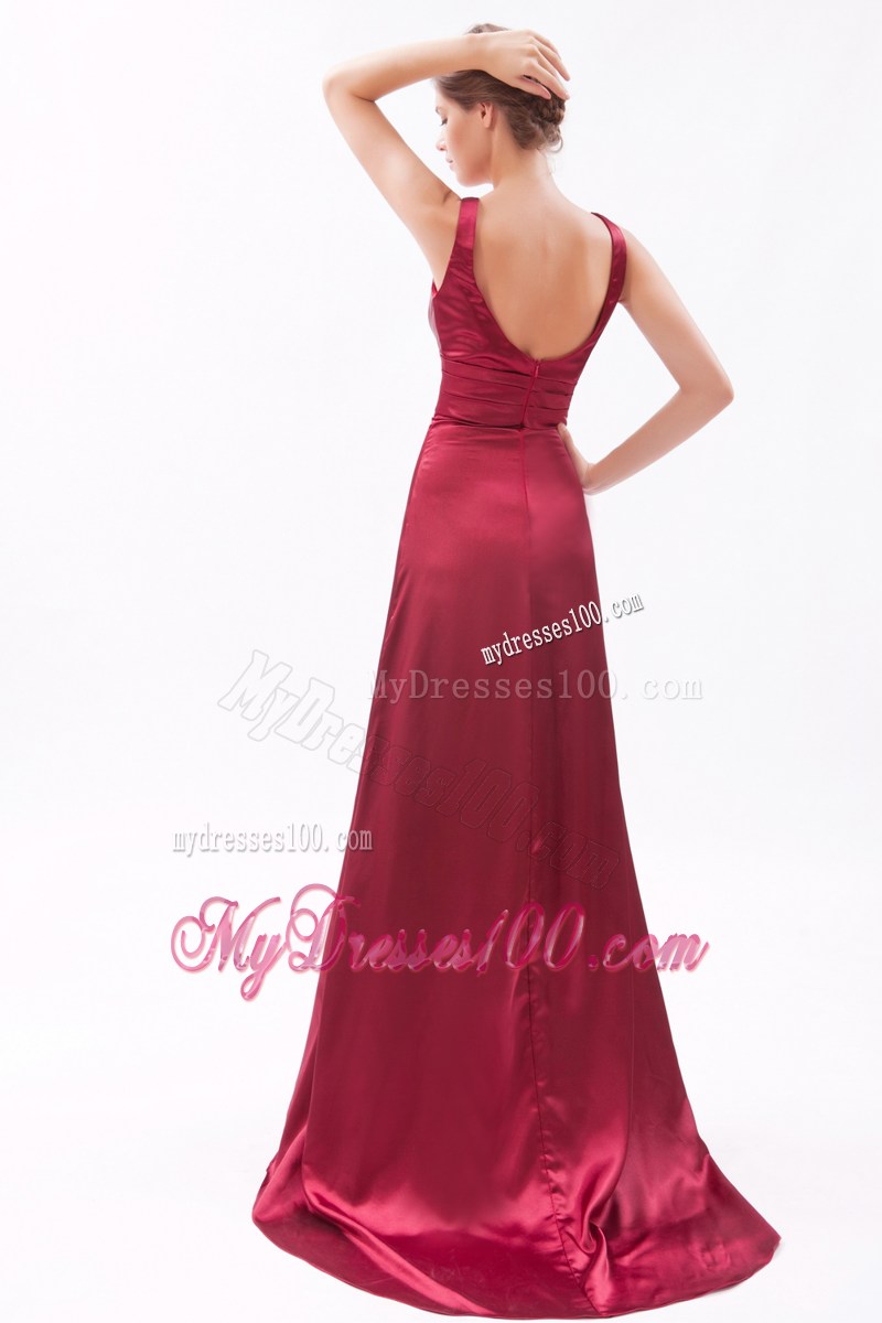 V-neck and V-back Accent Brush Train Prom Dress with Ruches in Wine Red