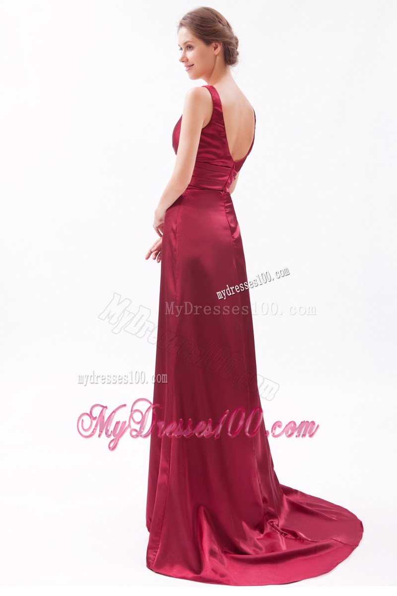 V-neck and V-back Accent Brush Train Prom Dress with Ruches in Wine Red