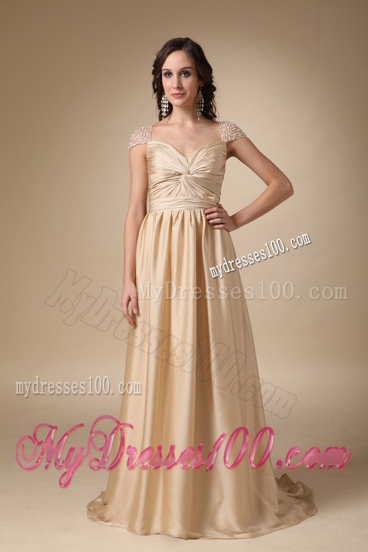 Sweetheart Brush Gold Taffeta Ruched Prom Gown in Column Style