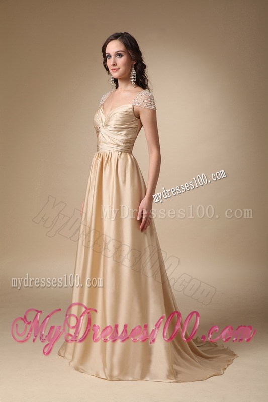 Sweetheart Brush Gold Taffeta Ruched Prom Gown in Column Style