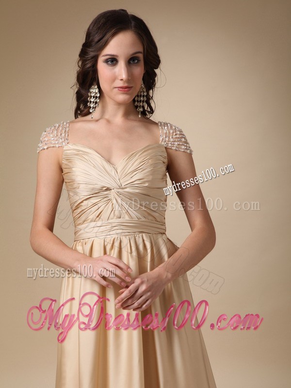 Sweetheart Brush Gold Taffeta Ruched Prom Gown in Column Style
