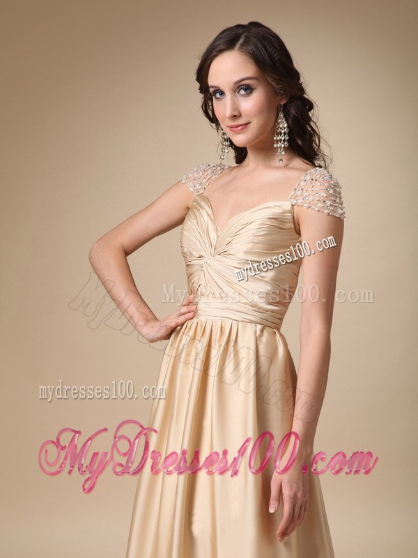 Sweetheart Brush Gold Taffeta Ruched Prom Gown in Column Style