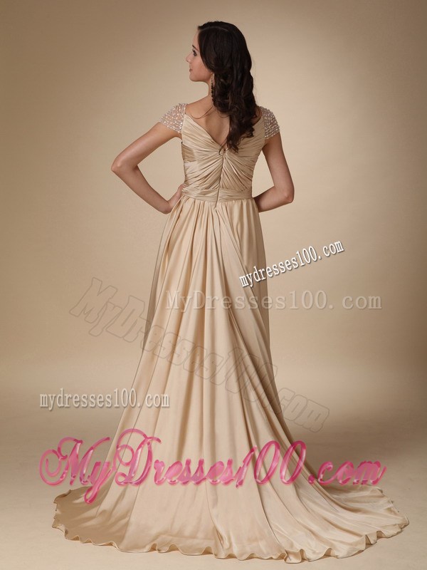 Sweetheart Brush Gold Taffeta Ruched Prom Gown in Column Style