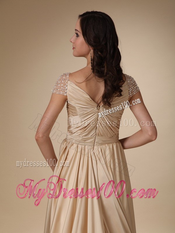 Sweetheart Brush Gold Taffeta Ruched Prom Gown in Column Style