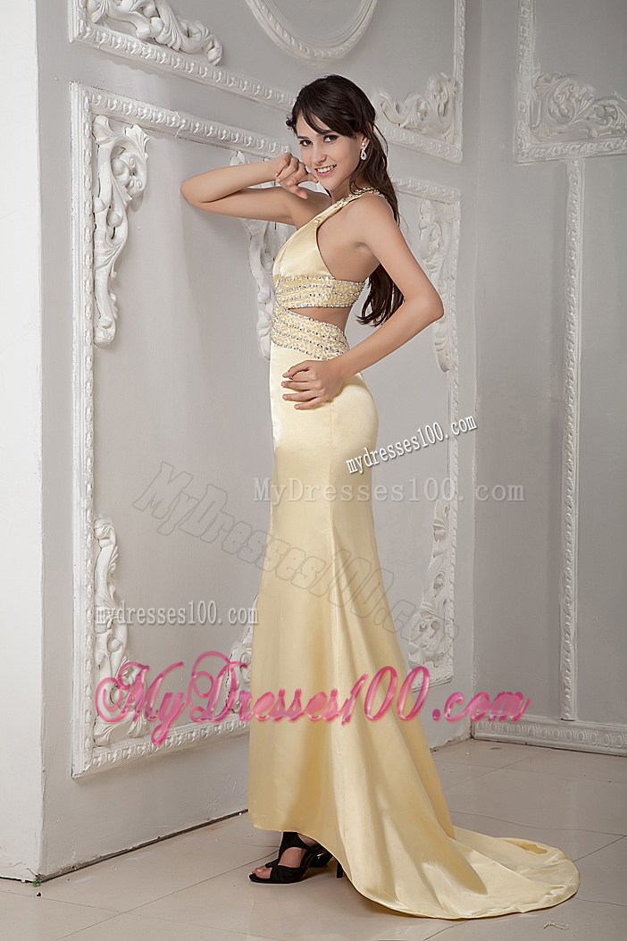 One Shoulder Brush Train Light Yellow Prom Gowns of Column Style