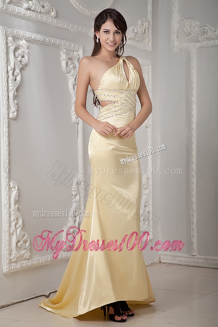 One Shoulder Brush Train Light Yellow Prom Gowns of Column Style