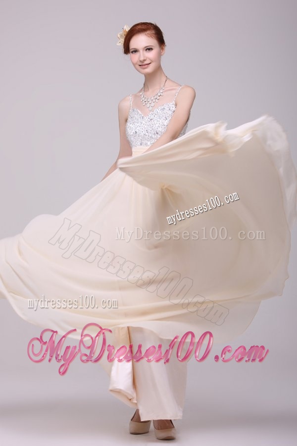 Champagne Spaghetti Straps Empire Chiffon Beaded Decorate Evening Dress