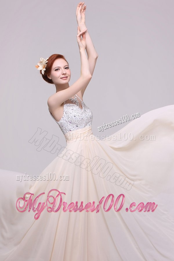 Champagne Spaghetti Straps Empire Chiffon Beaded Decorate Evening Dress