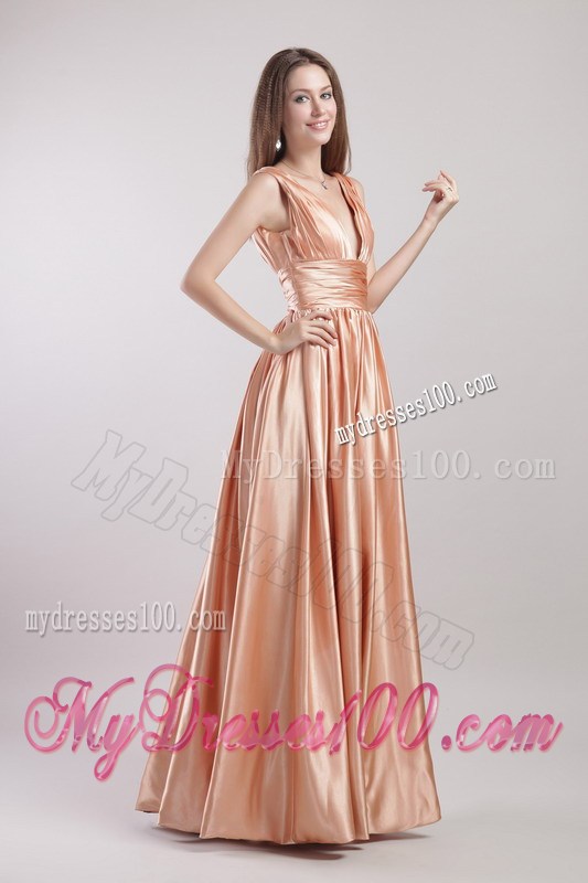 Champagne V-neck and V-back Gowns for Prom with Ruches Floor-length