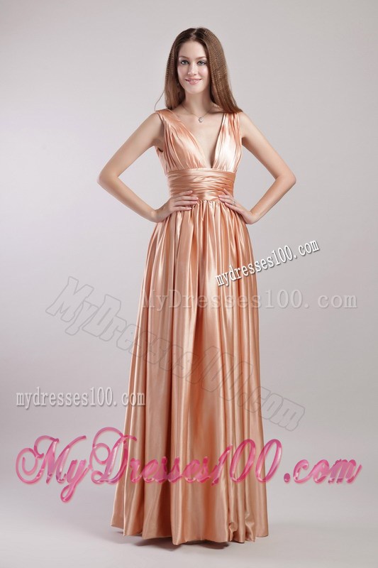 Champagne V-neck and V-back Gowns for Prom with Ruches Floor-length
