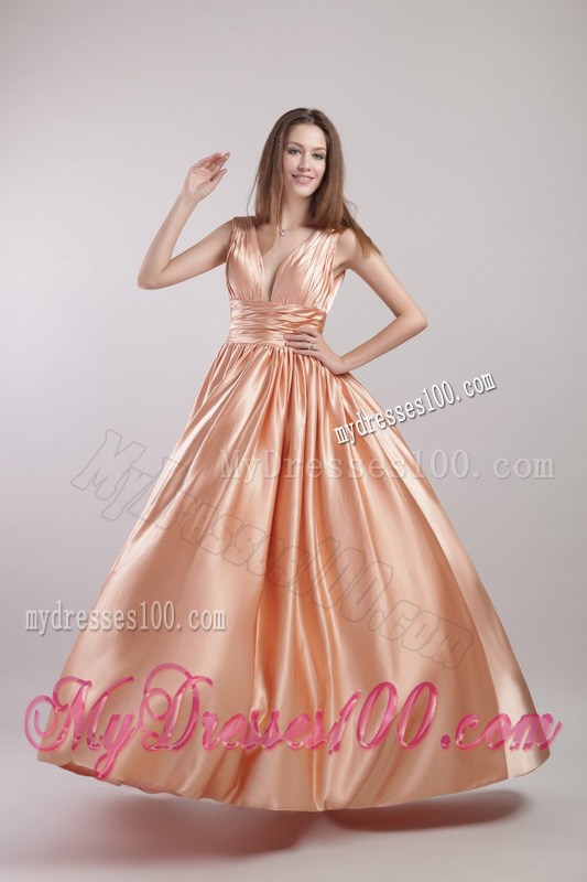 Champagne V-neck and V-back Gowns for Prom with Ruches Floor-length