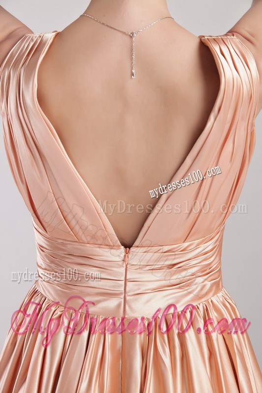Champagne V-neck and V-back Gowns for Prom with Ruches Floor-length