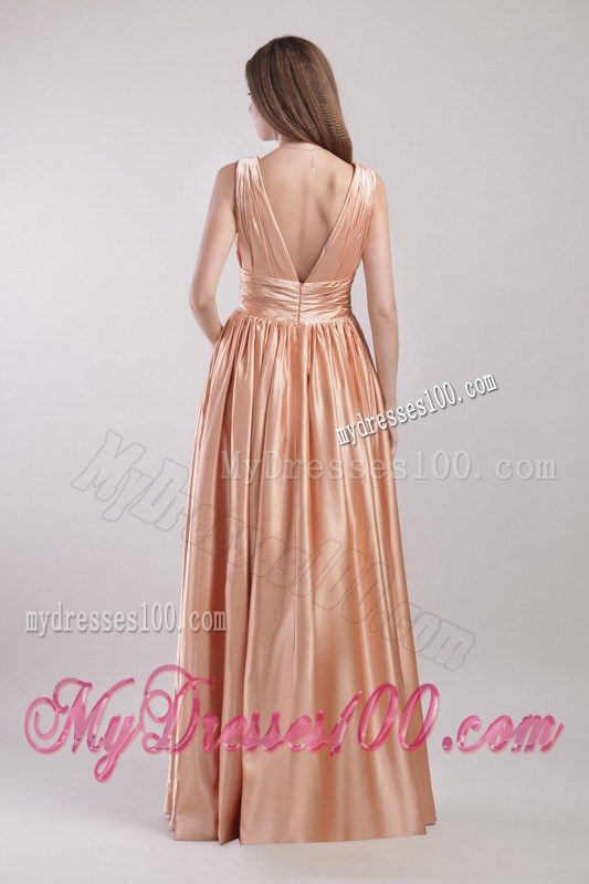 Champagne V-neck and V-back Gowns for Prom with Ruches Floor-length