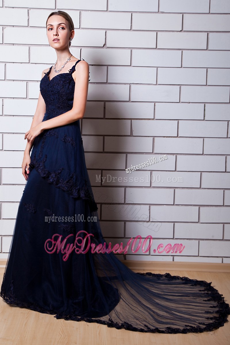 Gorgeous Straps Appliqued Chiffon Chapel Train Prom Dresses in Navy Blue