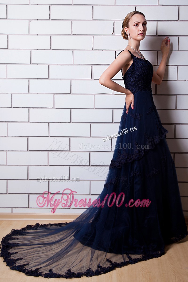 Gorgeous Straps Appliqued Chiffon Chapel Train Prom Dresses in Navy Blue