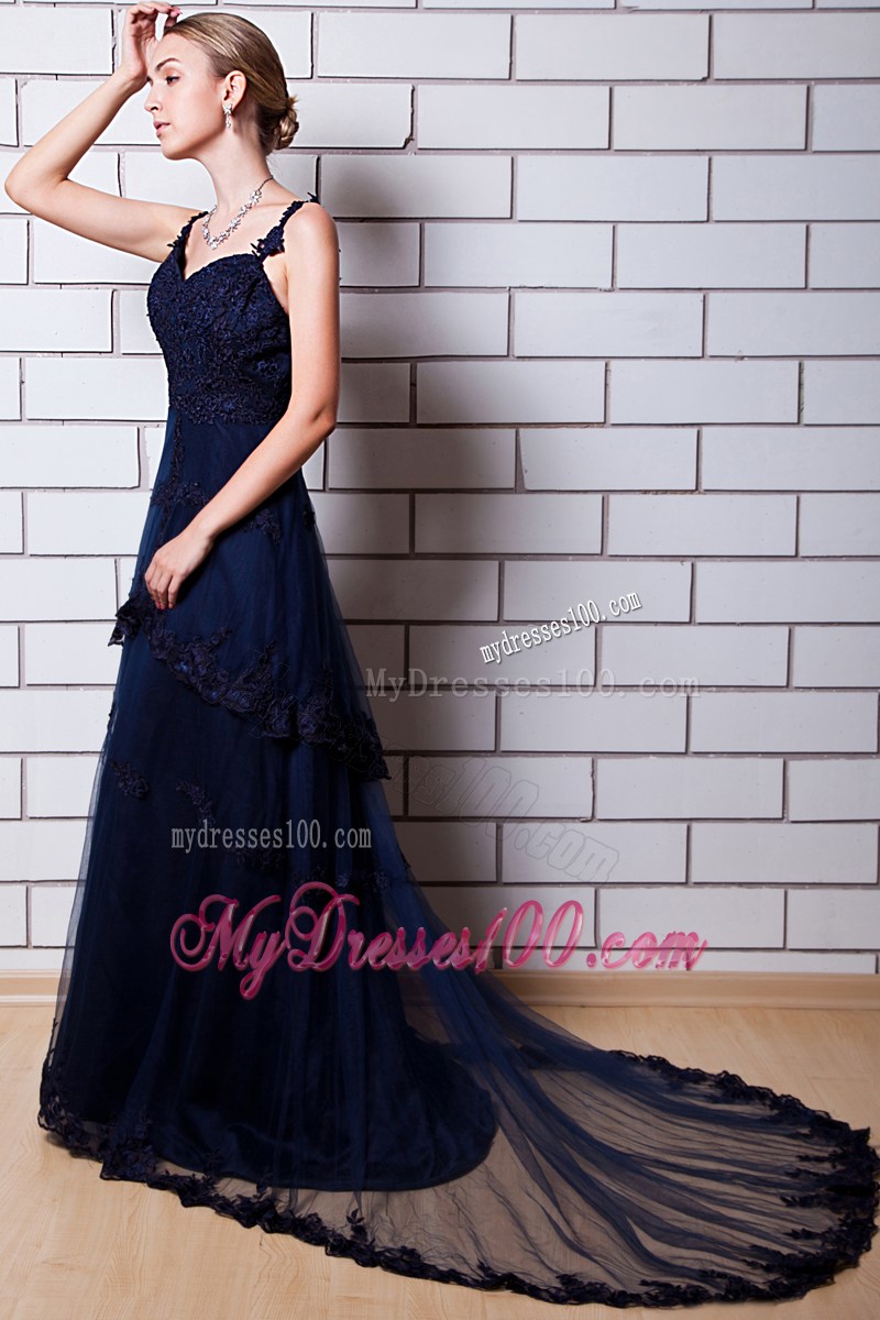 Gorgeous Straps Appliqued Chiffon Chapel Train Prom Dresses in Navy Blue