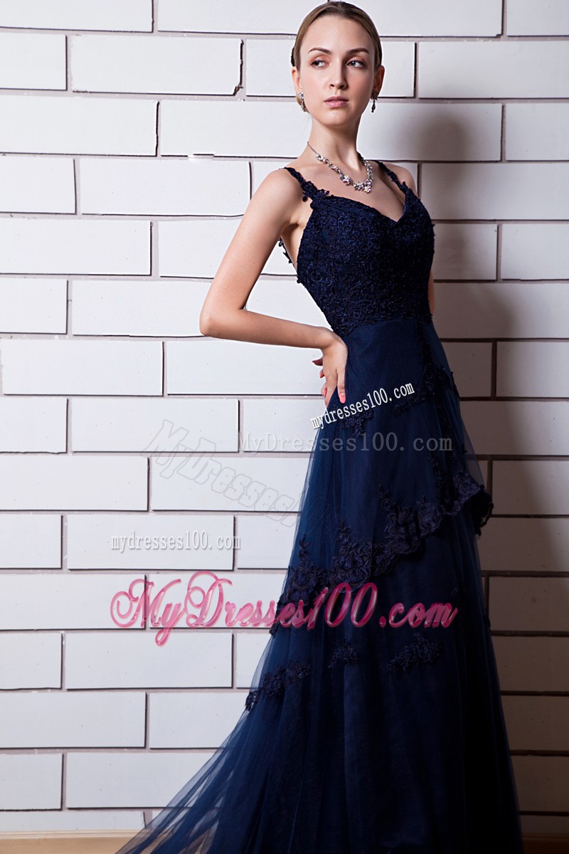 Gorgeous Straps Appliqued Chiffon Chapel Train Prom Dresses in Navy Blue