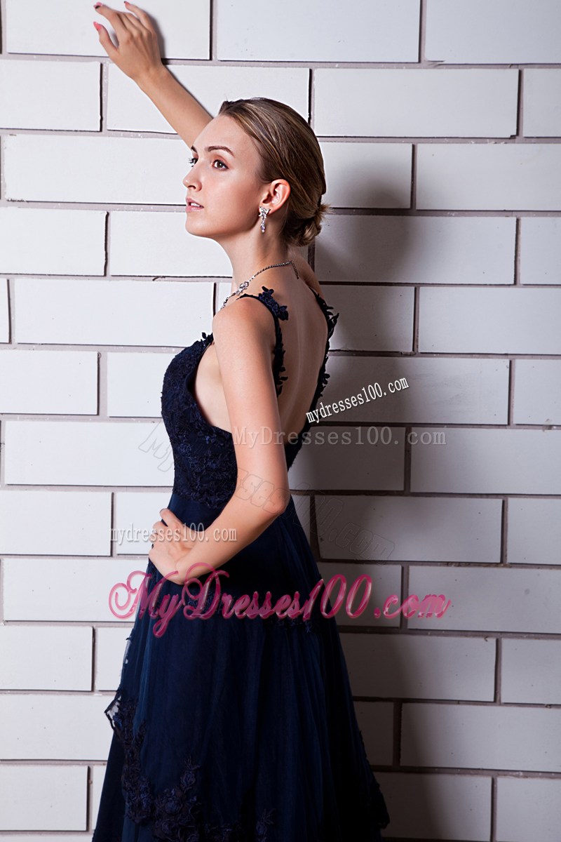 Gorgeous Straps Appliqued Chiffon Chapel Train Prom Dresses in Navy Blue