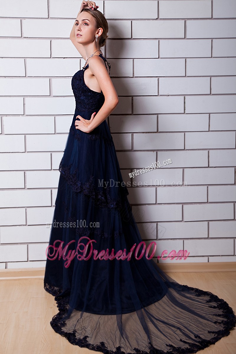 Gorgeous Straps Appliqued Chiffon Chapel Train Prom Dresses in Navy Blue