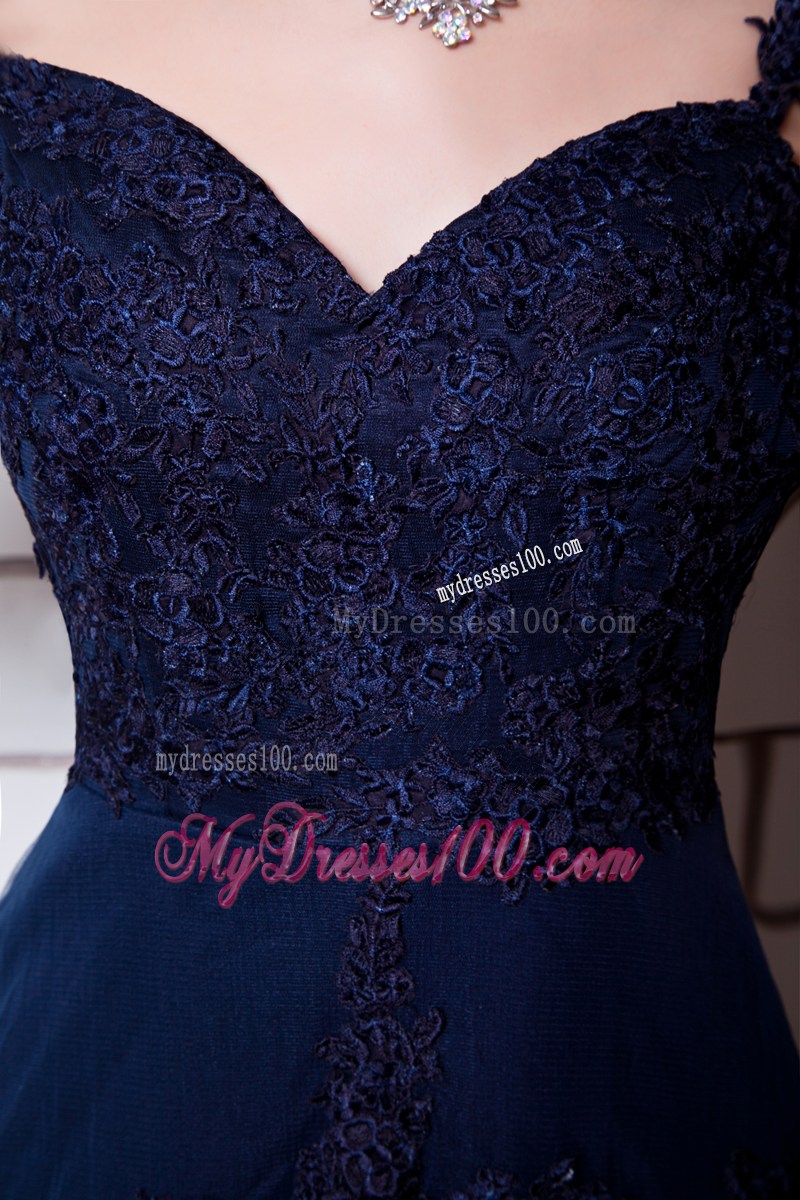Gorgeous Straps Appliqued Chiffon Chapel Train Prom Dresses in Navy Blue