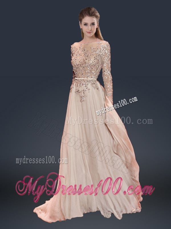 Cheap Brush Train Champagne Evening Dresses with Beading