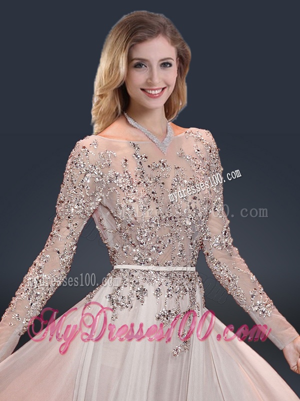 Cheap Brush Train Champagne Evening Dresses with Beading