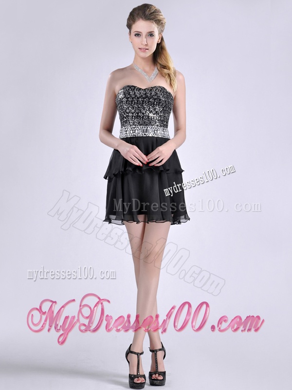 Cheap Sweetheart Black Short Evening Dress in Sequins and Chiffon