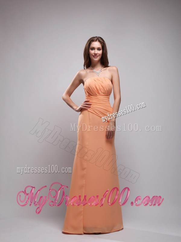 Customize Column Ruched Floor-length Strapless Prom Dress in Orange Chiffon