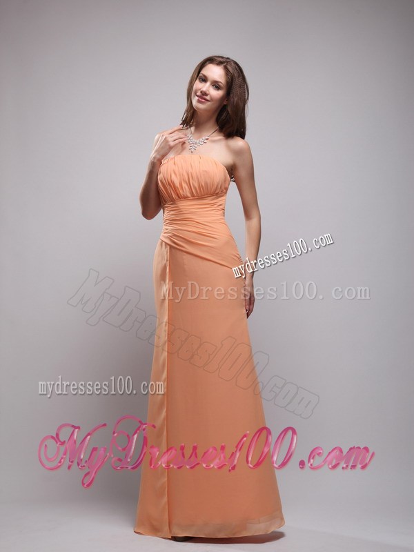 Customize Column Ruched Floor-length Strapless Prom Dress in Orange Chiffon