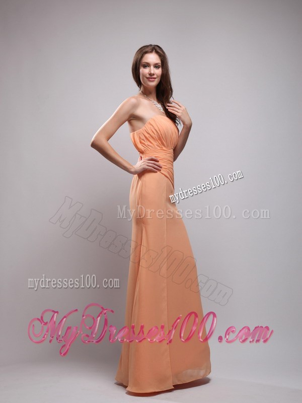 Customize Column Ruched Floor-length Strapless Prom Dress in Orange Chiffon