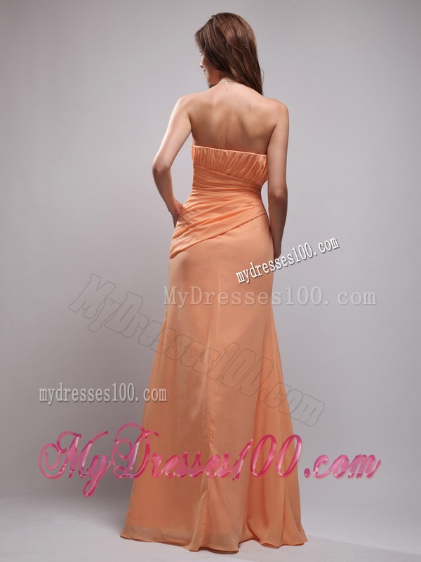 Customize Column Ruched Floor-length Strapless Prom Dress in Orange Chiffon