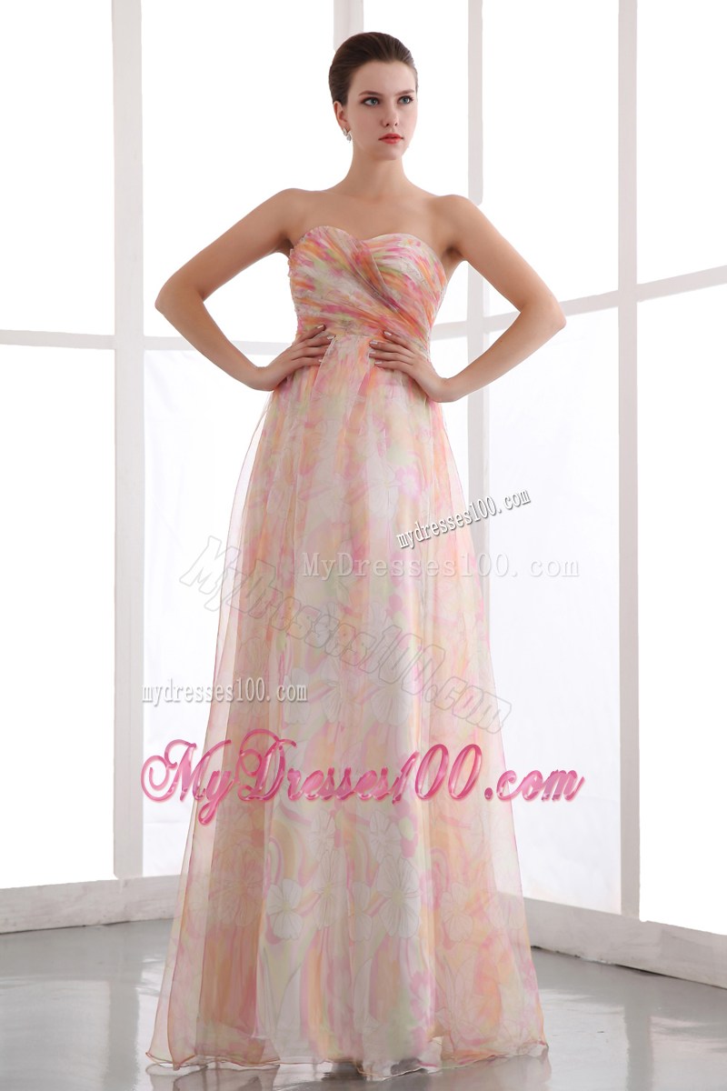 Colorful Floor-length Sweetheart Zipper-up Prom Gown with Ruches and Print