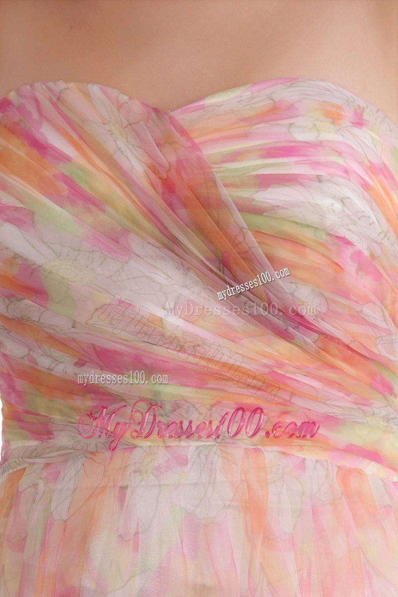 Colorful Floor-length Sweetheart Zipper-up Prom Gown with Ruches and Print