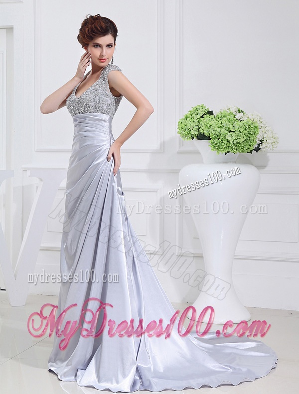 Column Square Court Train Appliques Beading Taffeta White Evening Dress