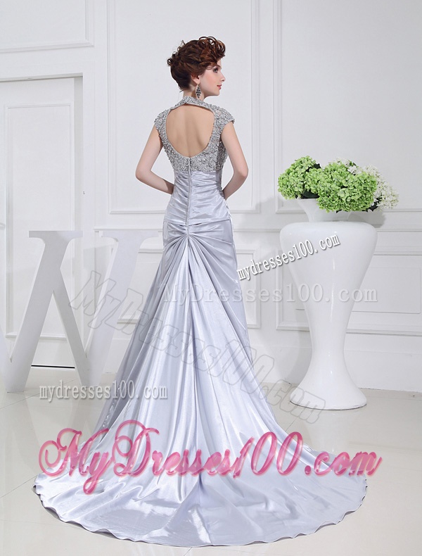 Column Square Court Train Appliques Beading Taffeta White Evening Dress