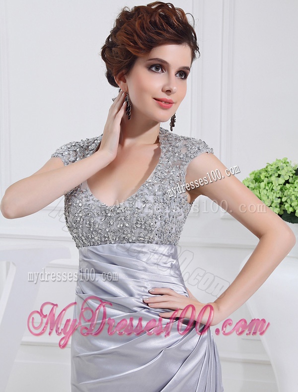 Column Square Court Train Appliques Beading Taffeta White Evening Dress