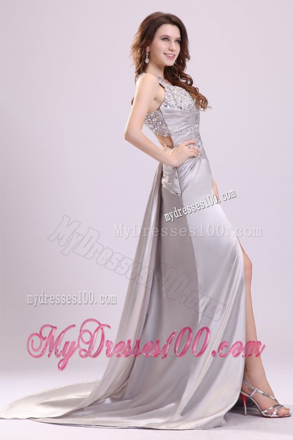 Column Straps Beading Ruching Satin High Slit Gray Evening Dress