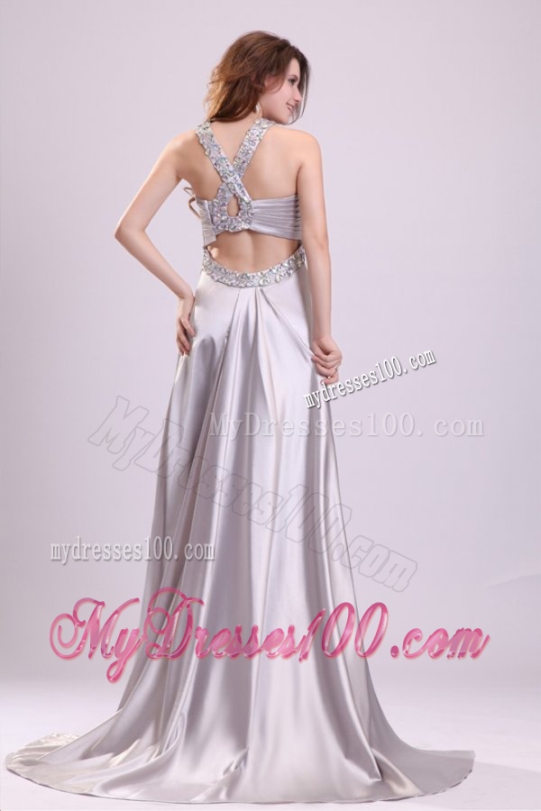 Column Straps Beading Ruching Satin High Slit Gray Evening Dress