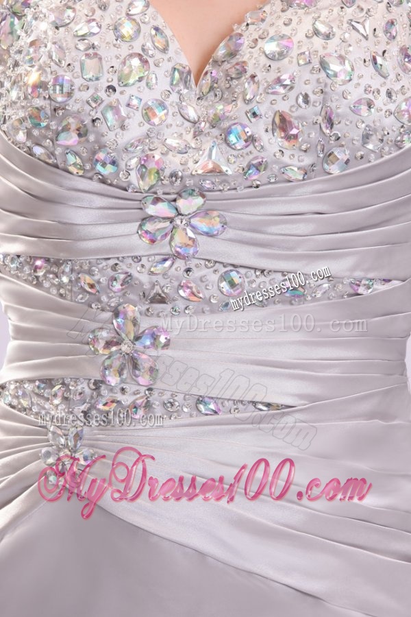 Column Straps Beading Ruching Satin High Slit Gray Evening Dress
