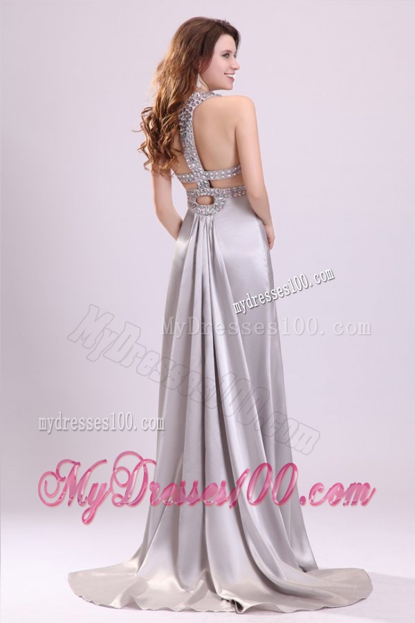 Column Straps Beading and Ruching High Slit Watteau Train Evening Dress