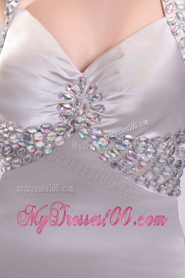 Column Straps Beading and Ruching High Slit Watteau Train Evening Dress