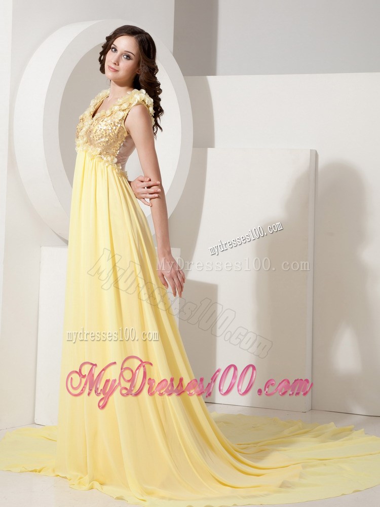 Flowers and Beading Accent on V-neck Court Train Light Yellow Chiffon Prom Gown