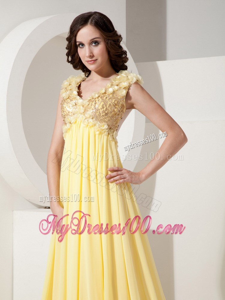 Flowers and Beading Accent on V-neck Court Train Light Yellow Chiffon Prom Gown