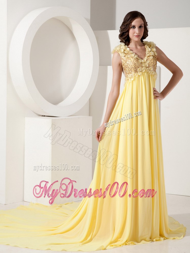 Flowers and Beading Accent on V-neck Court Train Light Yellow Chiffon Prom Gown