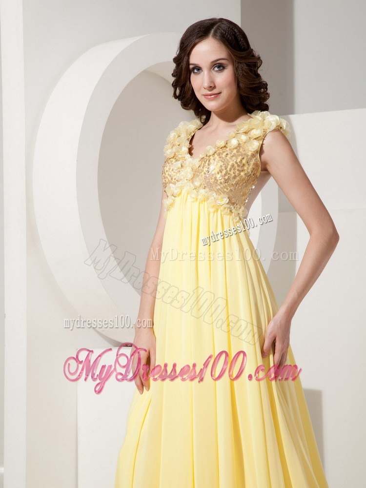Flowers and Beading Accent on V-neck Court Train Light Yellow Chiffon Prom Gown